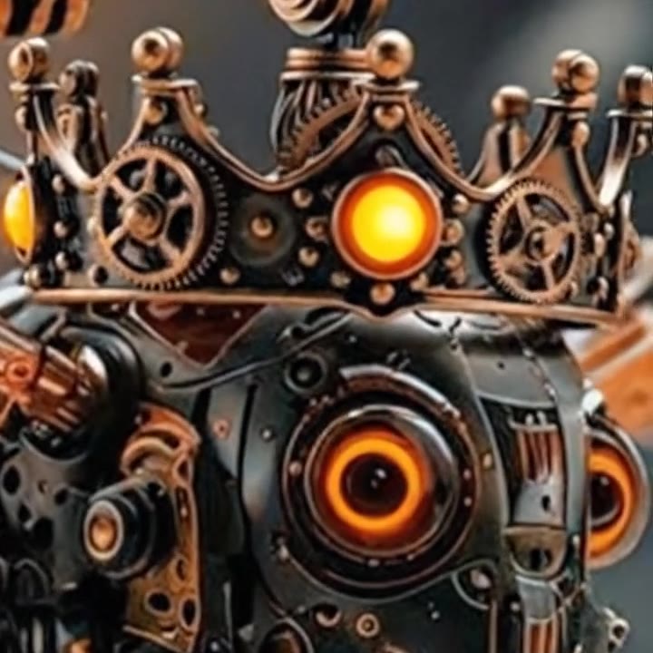 Queen SIFLZ: a crowned steampunk robot fly with a glowing orange eye